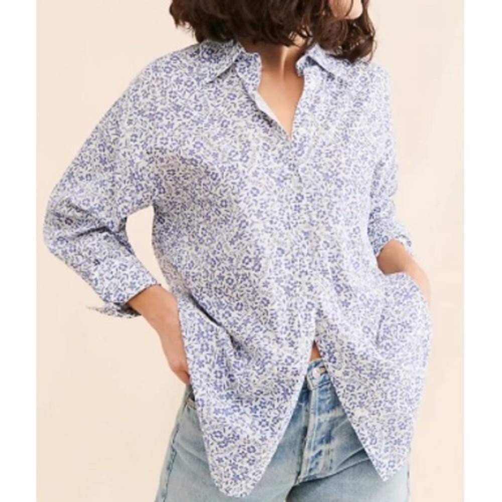 RAHI Anthro Capistrano Ashley Button Down Shirt Women Medium Blue White Cotton